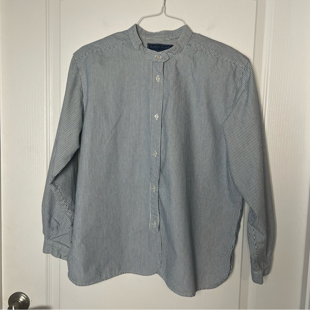 Vintage 90's Y2K Karen Scott Blue and White Railroad Pinstriped Henley XL